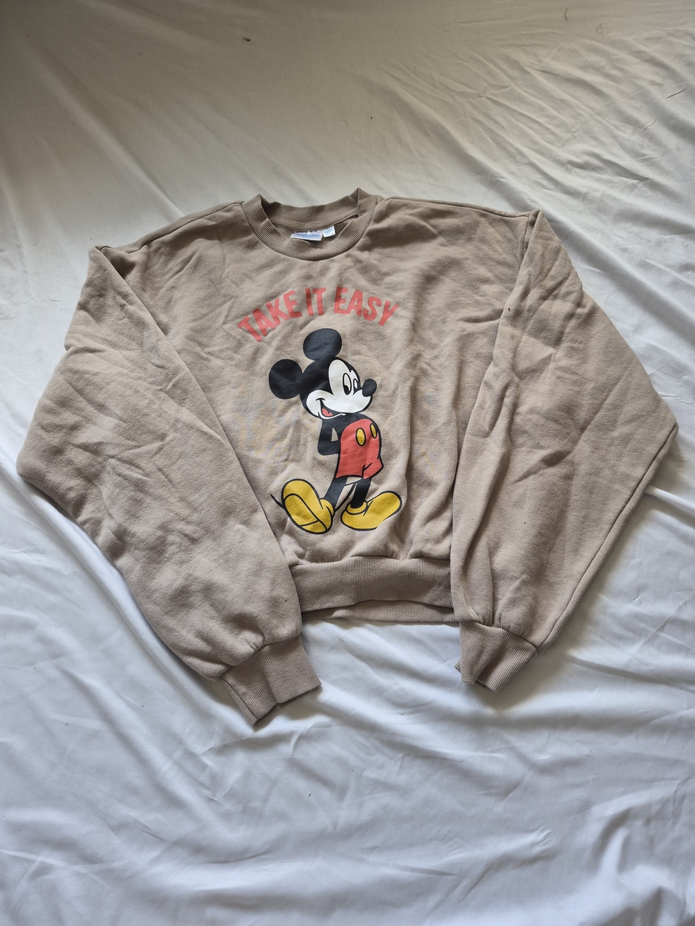 LG Beige Crewneck Sweater with Mickey Graphic and 'Take It Easy' Text